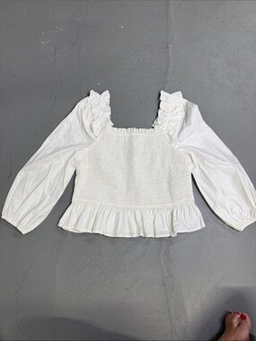White Smocked Ruffle Cotton Peplum Top - Stretchy Bodice